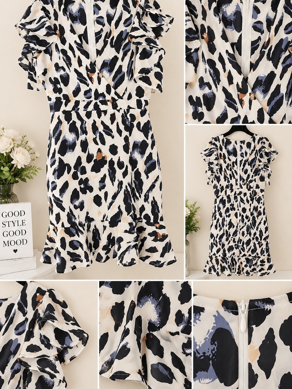 SHEIN Cream Animal-Print Ruffle Mini Dress with Black and Blue Spots